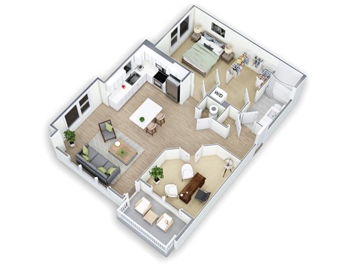 Floor plan for 1 bed, 1 bath, 969 sqft